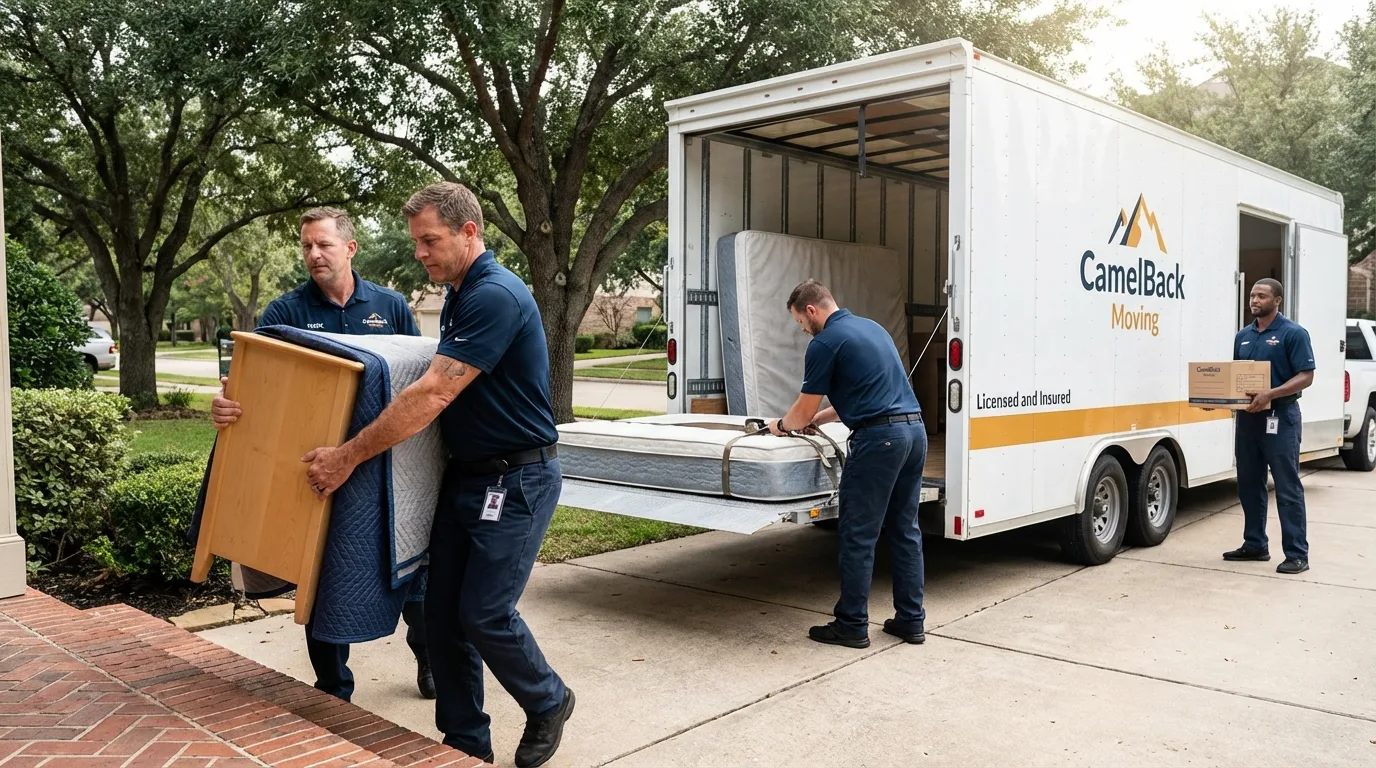 Crew loading residential truck for cross-state move from North Andover, MA