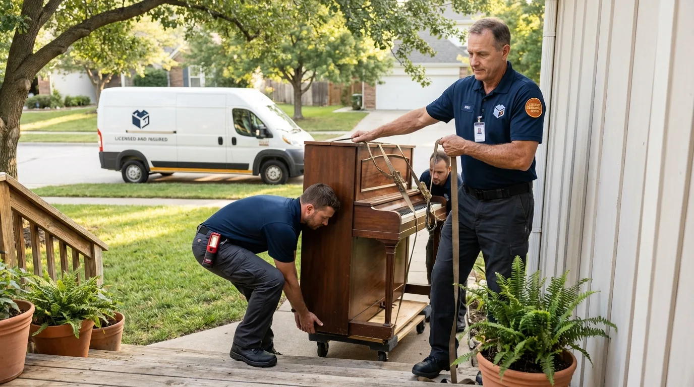 Licensed piano movers securing grand piano in North Andover, MA