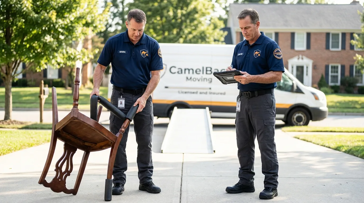 Movers inspecting furniture for damage prevention before loading in North Andover, MA