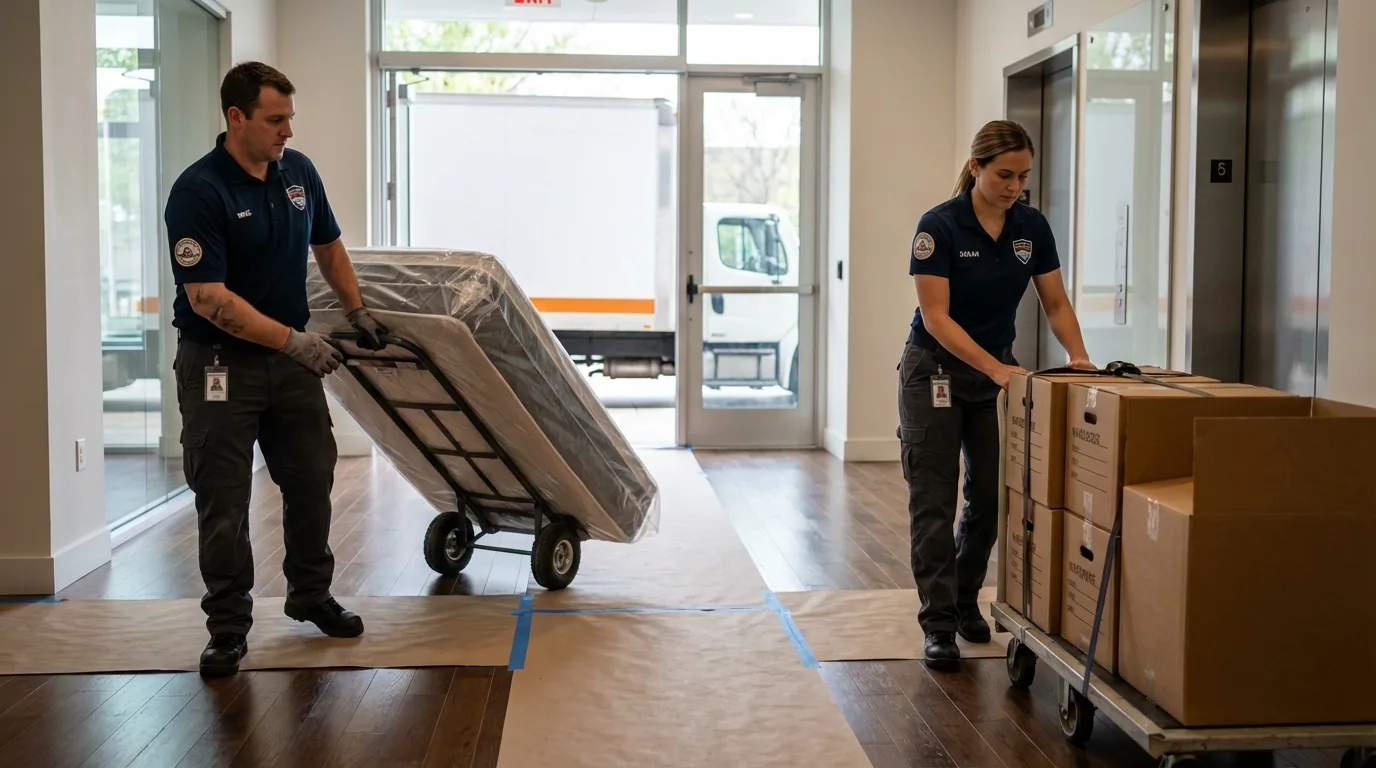 Professional apartment movers loading elevator in North Andover, MA