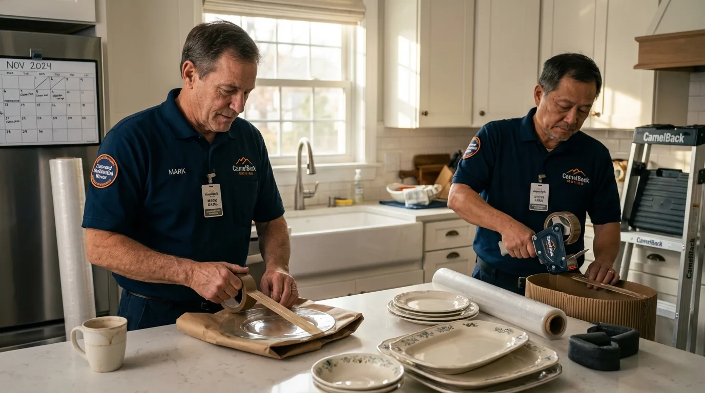 Professional crew packing kitchen dishware in North Andover, MA